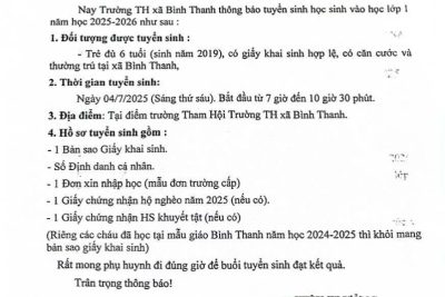 Trường Tiểu Học Bình Thanh thông báo tuyển sinh vào lớp 1 năm học 2025-2026
